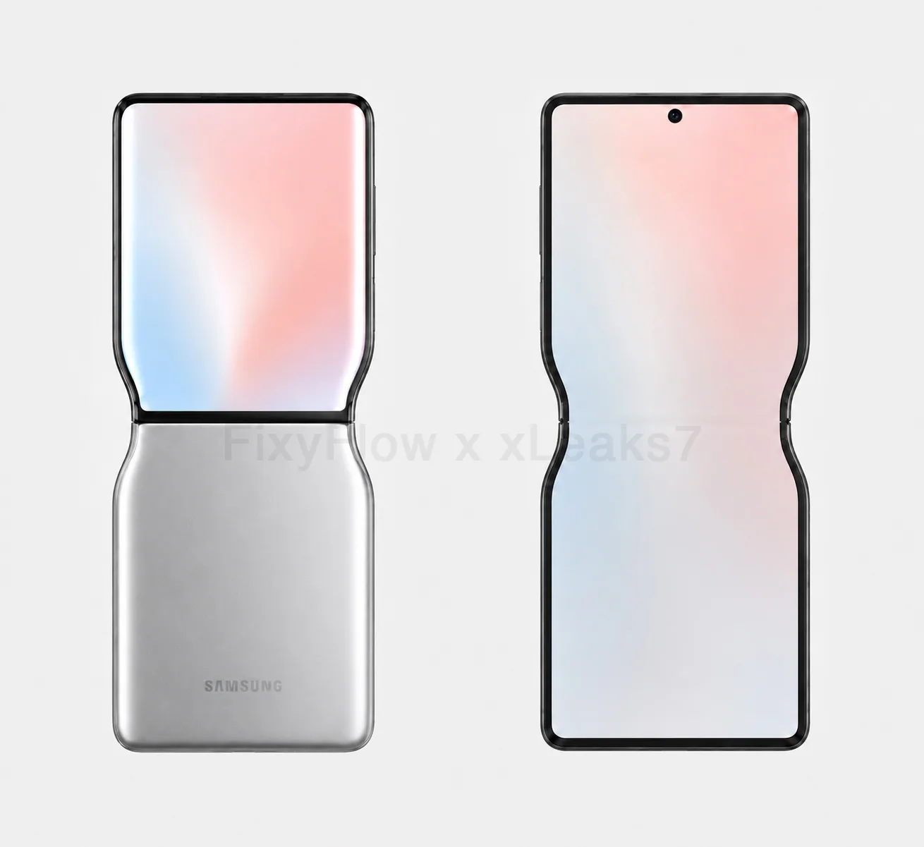 Concept renders of a curved-edge Samsung Galaxy Z Flip shown from the back and front with a display that wraps around the outer edges