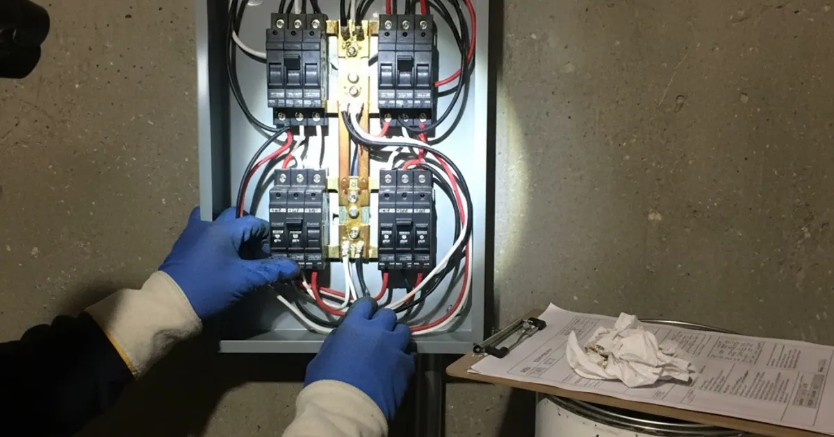Gloved electrician's hands working on an open breaker panel with colored wiring, with a clipboard and paper form resting nearby