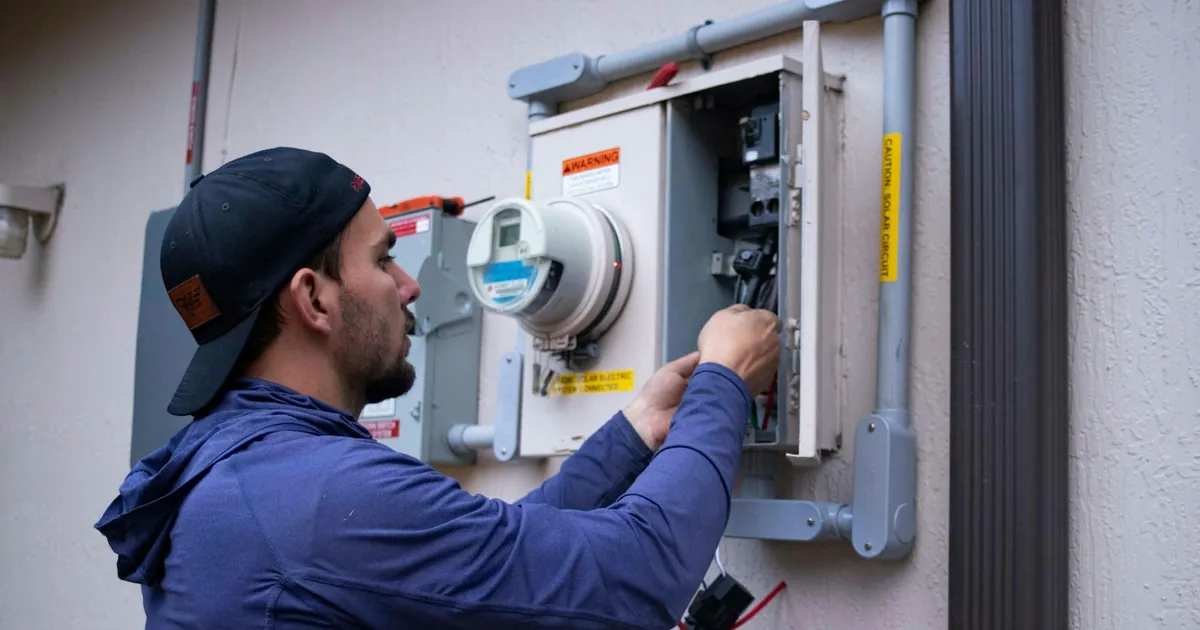 A field technician in a cap and blue jacket works on the wiring inside an outdoor electrical meter box.