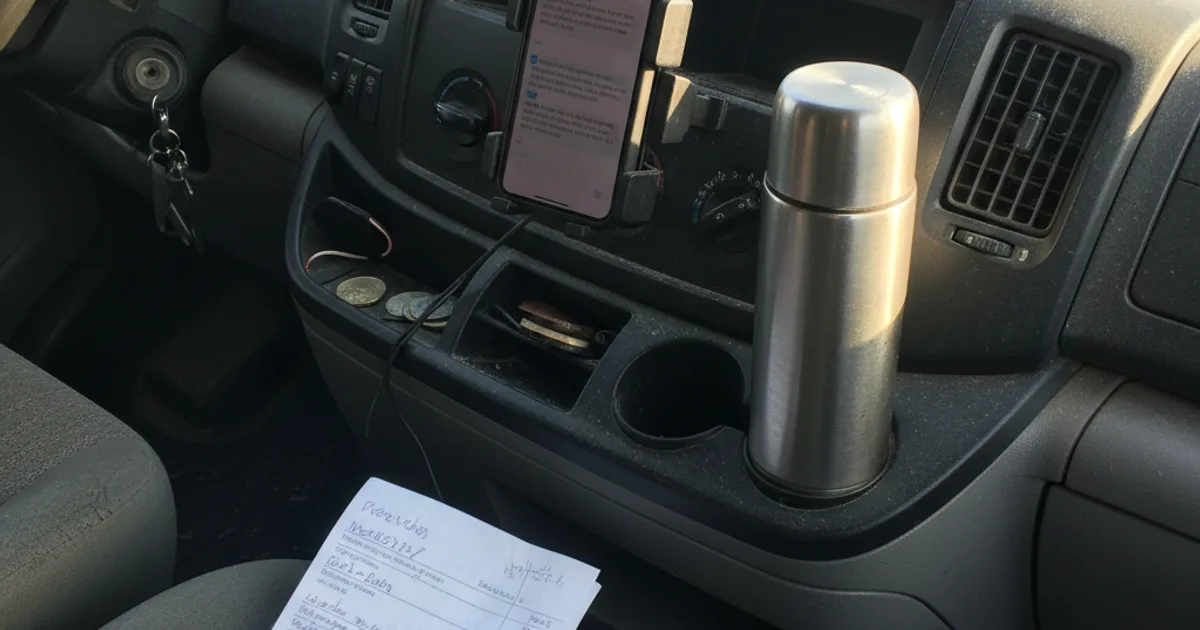 A phone in a work-van dash mount showing a text thread, with a paper invoice on the seat below