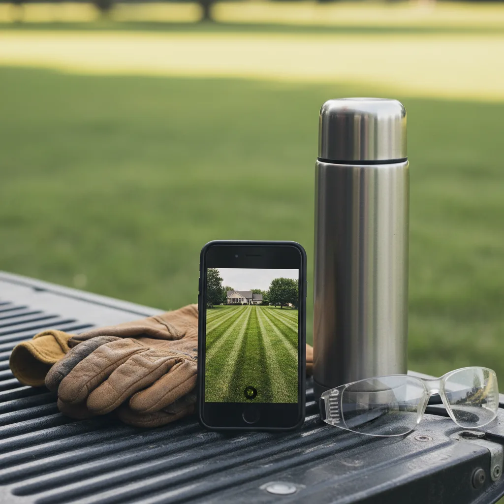 A phone on a truck tailgate showing a photo of a lawn job site, next to work gloves and a coffee thermos.