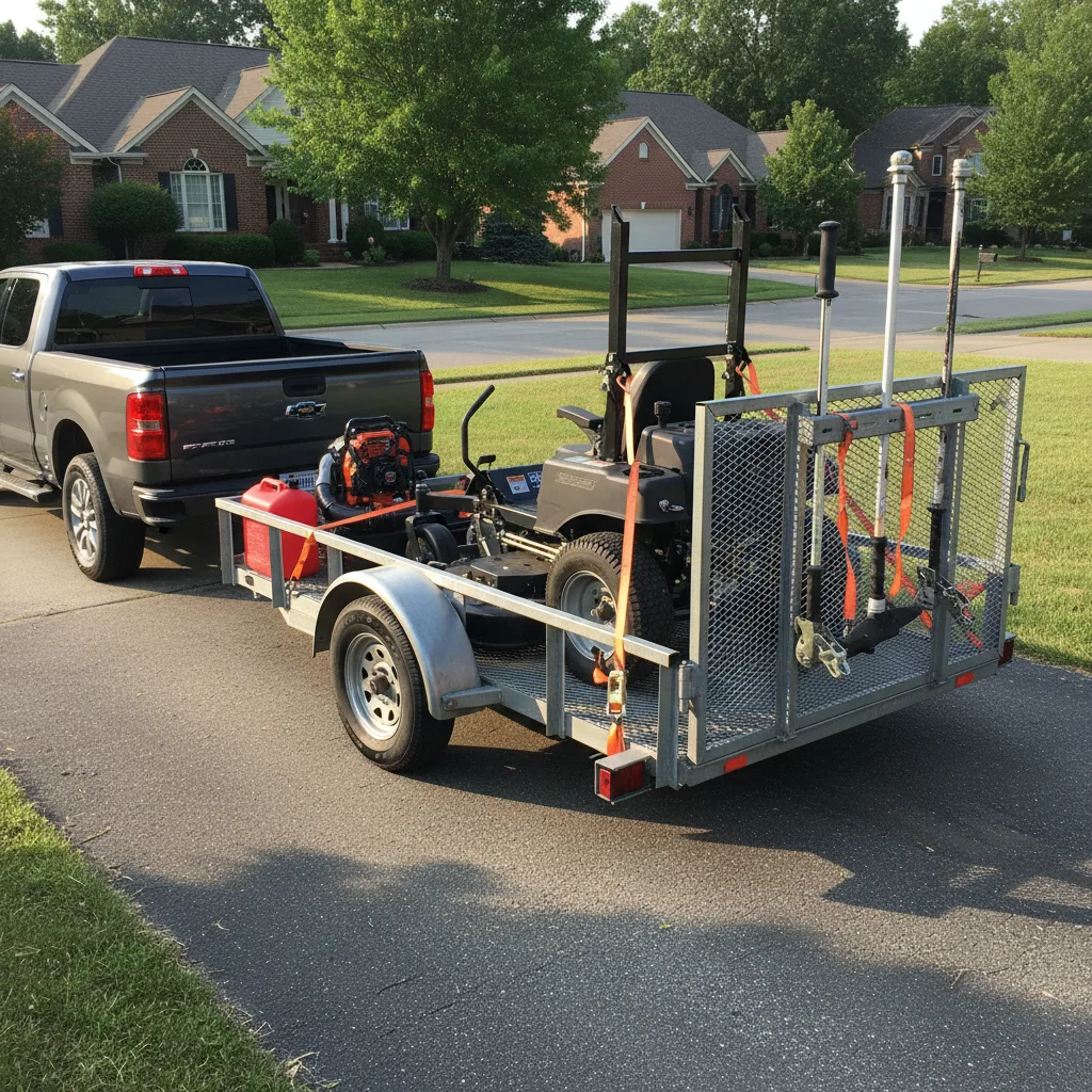 Commercial mowers and trimmers strapped to an open landscape trailer behind a pickup truck.