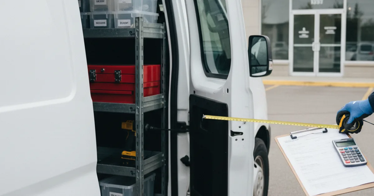 Open white service van with tools on shelves, and a gloved hand holding a tape measure over a clipboard and calculator near a storefront