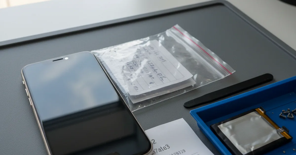 A repaired phone on a repair mat beside a bagged paper repair tag, a receipt and a tray holding the old battery