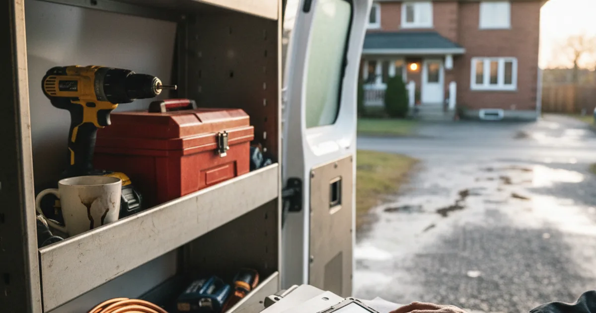Open back of a service van with a drill, red toolbox and mug on a shelf, facing a house.