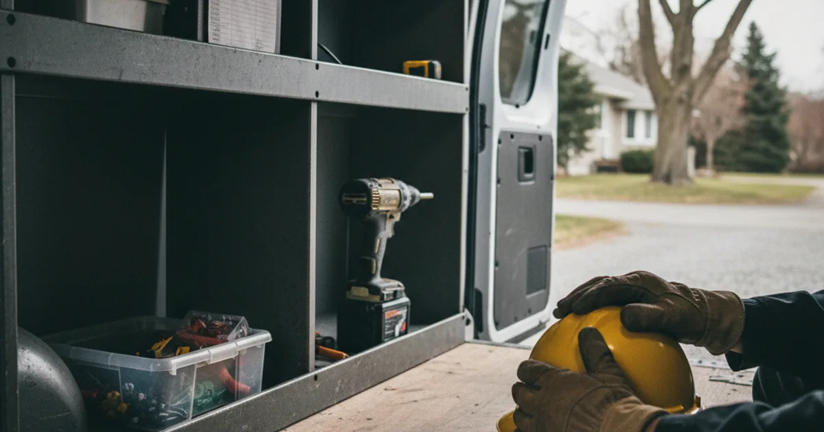 Gloved hands rest on a yellow hard hat at the open door of a work van holding a cordless drill and parts